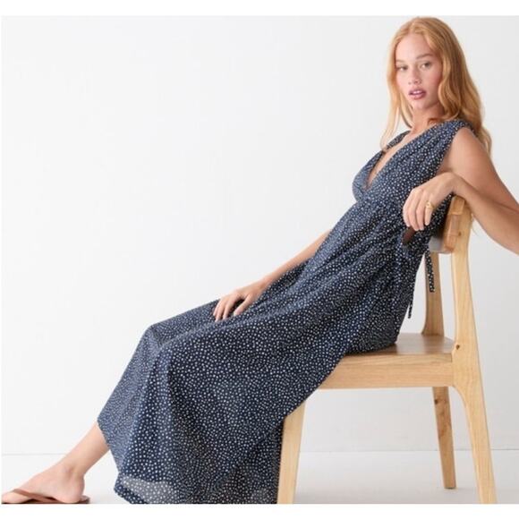 J. Crew Womens Maxi Dress Medium Navy Polka Dot Side Tie Beach Cover Up - Picture 1 of 12